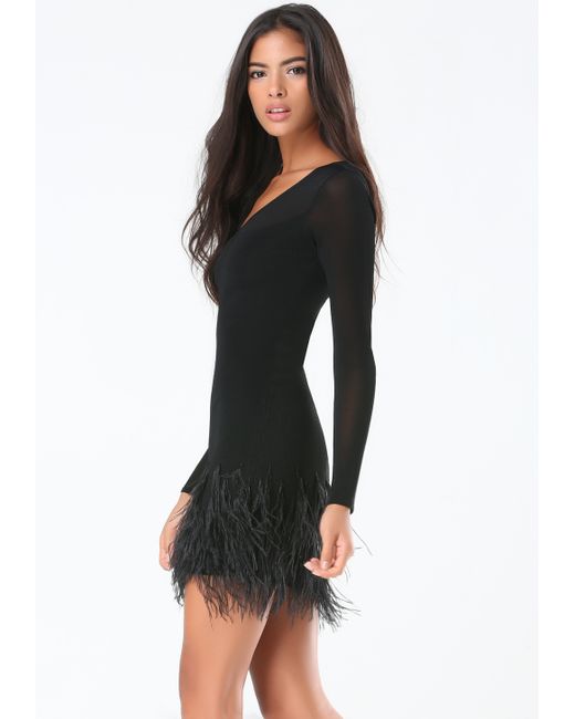 Bebe Feather Trim Sweater Dress in Black | Lyst Canada