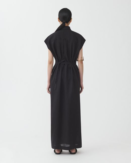 Fabiana Filippi Black Linen Cloth Robe Dress With Shirt Collar And Chest Pocket