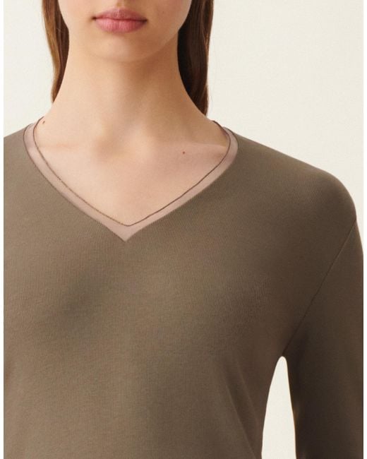Fabiana Filippi Natural Ribbed Cotton Jersey V-Neck T-Shirt