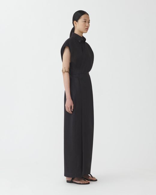 Fabiana Filippi Black Linen Cloth Robe Dress With Shirt Collar And Chest Pocket
