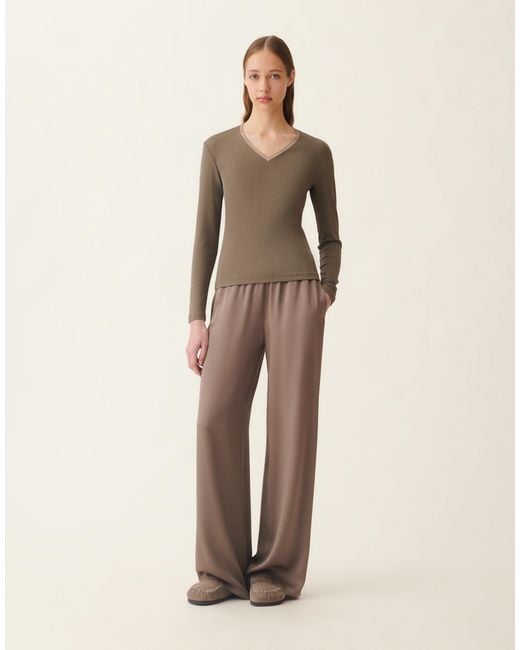 Fabiana Filippi Natural Ribbed Cotton Jersey V-Neck T-Shirt