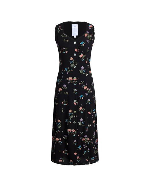 Fabrique Natural Caro Stitched Floral Scalloped Trim V Neck Cinched Sleeveless Dress