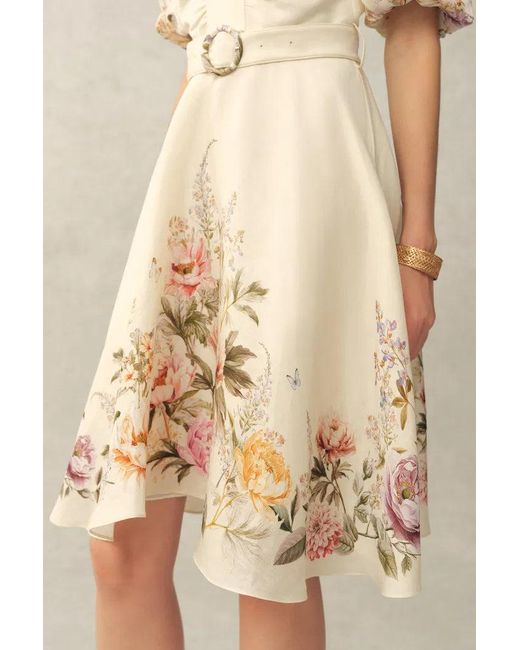 Fabrique Natural Eve Handpainted Floral Belted Puff Sleeves Dress