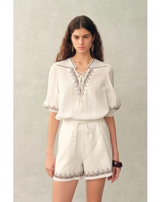 Fabrique Natural Becky Cross Stitch Tie Front Short Sleeve Shirt And Shorts Set