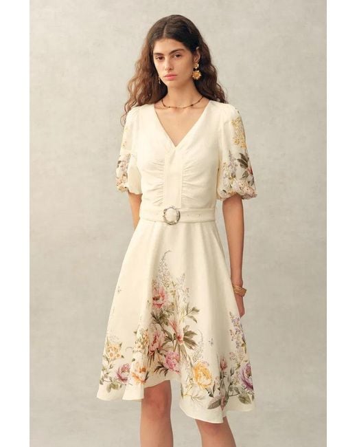 Fabrique Natural Eve Handpainted Floral Belted Puff Sleeves Dress