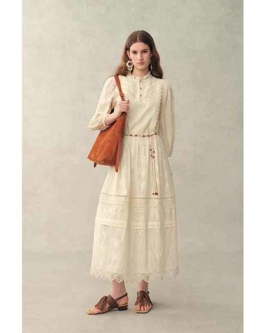 Fabrique Natural Lyra Embroidery Beaded Waist Puff Sleeve Dress