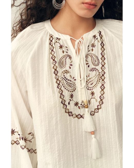 Fabrique Natural Brioche Beaded Tassel Tie Embroidery Blouse