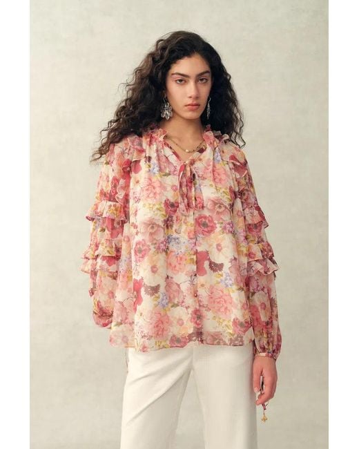 Fabrique Natural Marie Hand-Painted Print V-Neck Ruffle Top
