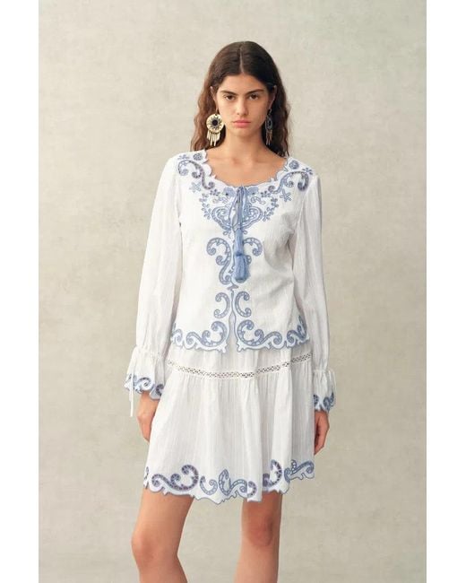 Fabrique Natural Maggie Embroidery Resort Wear Tie Front Sheer Shirt And Skirt Set