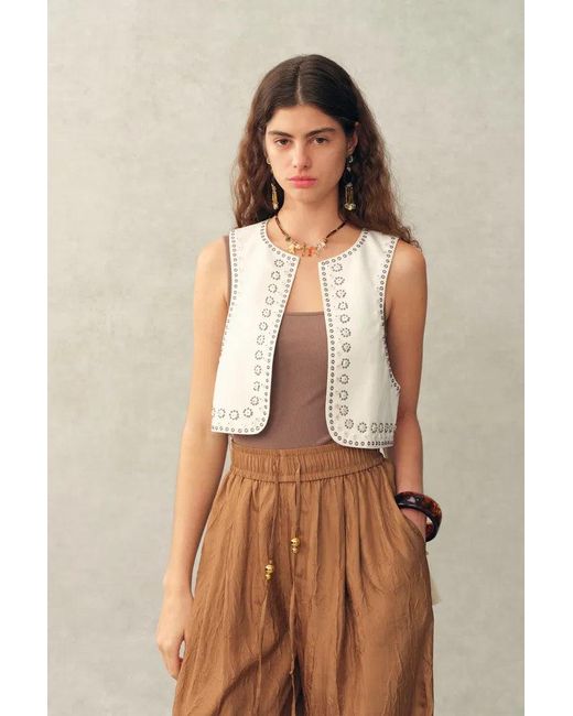 Fabrique Natural Charlie Boho Mother Of Pearl Studded Side Tassel Tie Vest Top