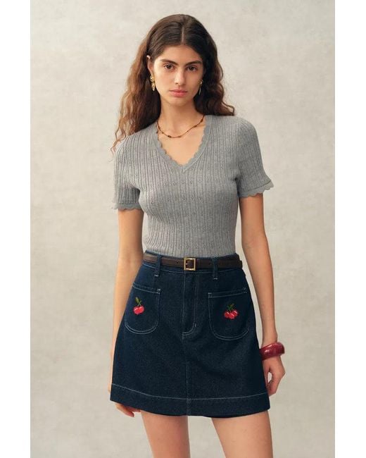 Fabrique Blue Evie V Neck Pointelle Short Sleeve Top