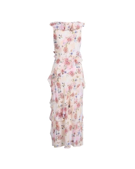 Fabrique Natural Alice Handpainted Floral Bias Cut Ruffed Sleeveless Dress