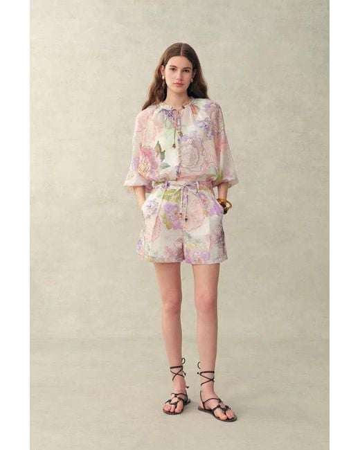 Fabrique Pink Yori Handpainted Floral Print Sheer Beaded Belt Shorts