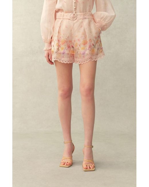 Fabrique Natural Lillian Handpainted Floral Embroidery Belted Shorts