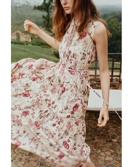 Fabrique Green Liana Printed Pomegranate Floral Tiered Dress