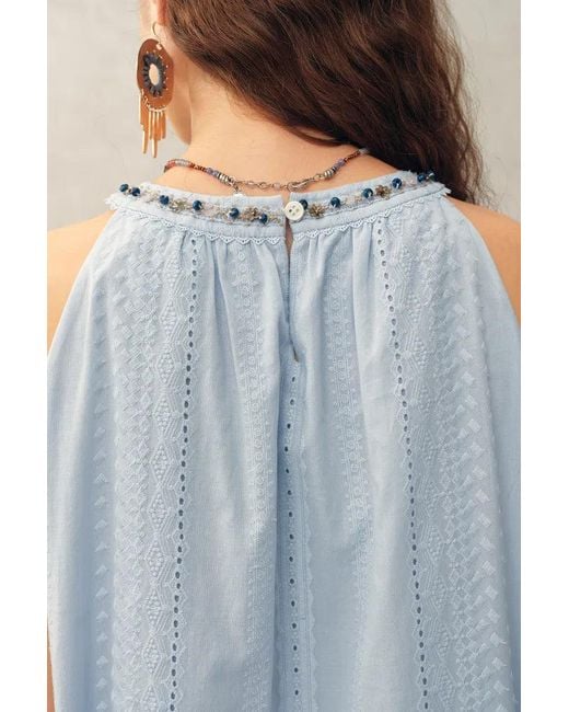 Fabrique Blue Hazel Boho Embroidery Jacquard Halterneck Sleeveless Top And Pants Set
