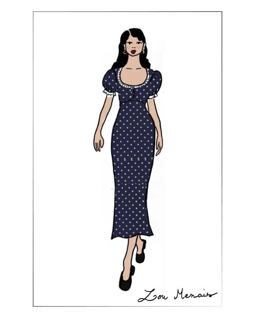 Fabrique Blue Carole French Style Polka Dot Squre Neck Puff Sleeve Dress