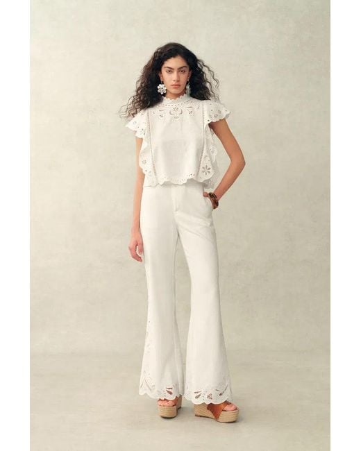 Fabrique White Elodie French Cutwork Embroidery Flare Pants