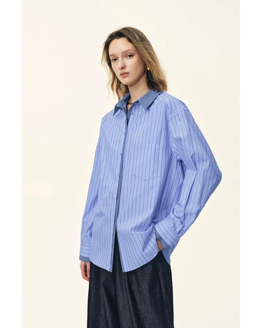 Fabrique Blue Blair Contrast Collar Striped Denim Patchwork Shirt