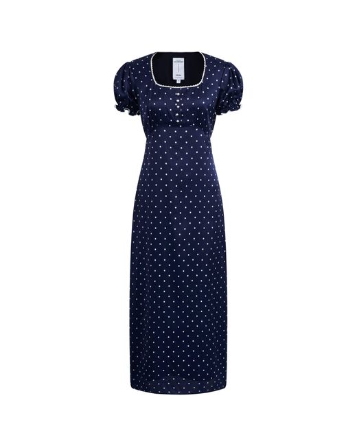 Fabrique Blue Carole French Style Polka Dot Squre Neck Puff Sleeve Dress