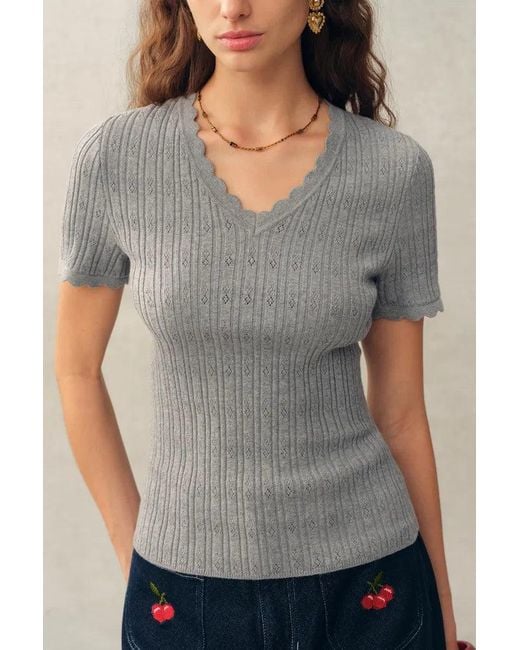 Fabrique Blue Evie V Neck Pointelle Short Sleeve Top