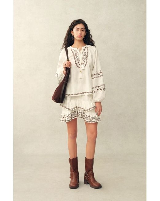 Fabrique Natural Brioche Beaded Tassel Tie Embroidery Blouse