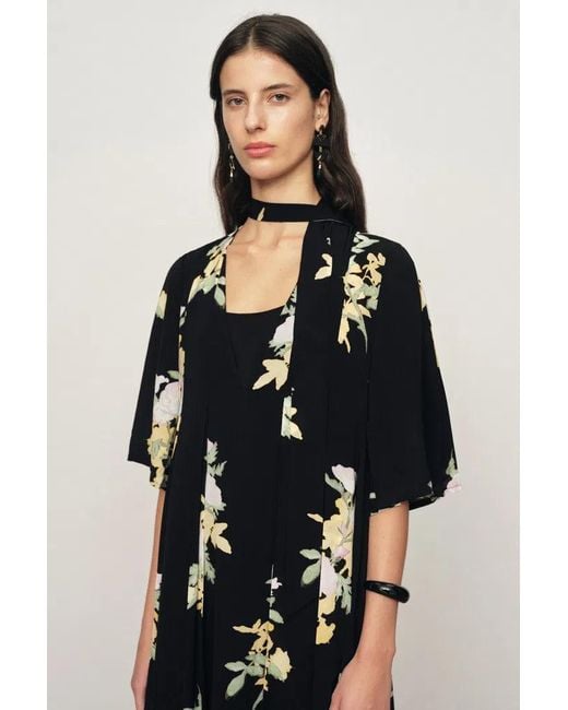 Fabrique Black Aria Floral Tie Neck Elbow Sleeve Dress