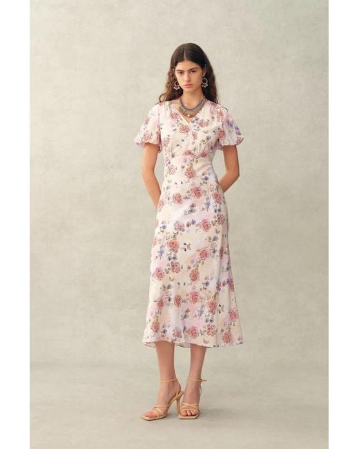 Fabrique Natural Coco Handpainted Floral Puff Sleeve Cinched Dress