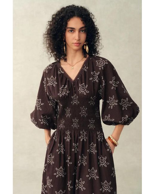 Fabrique Natural Cleo Smocked Handpainted Floral Puff Sleeve Midi Dress