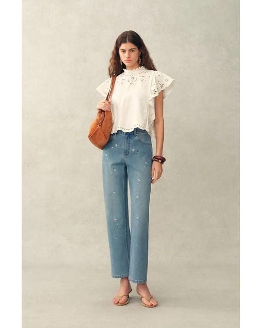 Fabrique Blue Annette Embroidered Crystal Embellished Dandelion Cropped Straight Leg Jeans