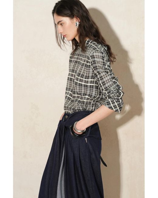 Fabrique Natural Raven Plaid Mock Neck Tie Back Shirt