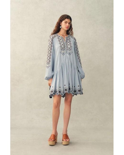 Fabrique Blue Bohdi Boho Embroidery Crewneck Puff Sleeve Dress