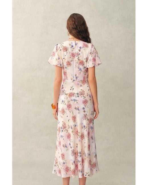Fabrique Natural Coco Handpainted Floral Puff Sleeve Cinched Dress