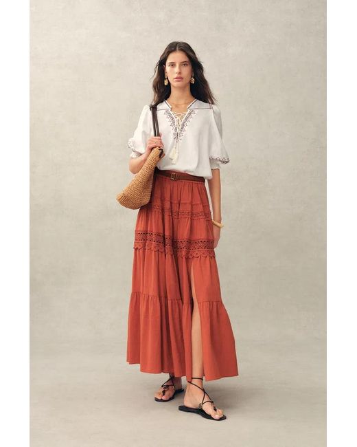 Fabrique Red Kalia Lace Embroidery Pleated Cap Sleeve Top And Maxi Slit Skirt Set