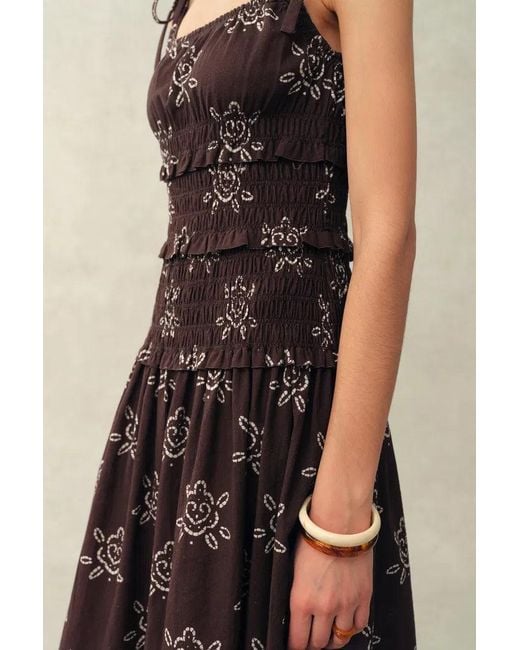 Fabrique Blue Eva Smocked Handpainted Floral Tie Shoulder Sleeveless Dress