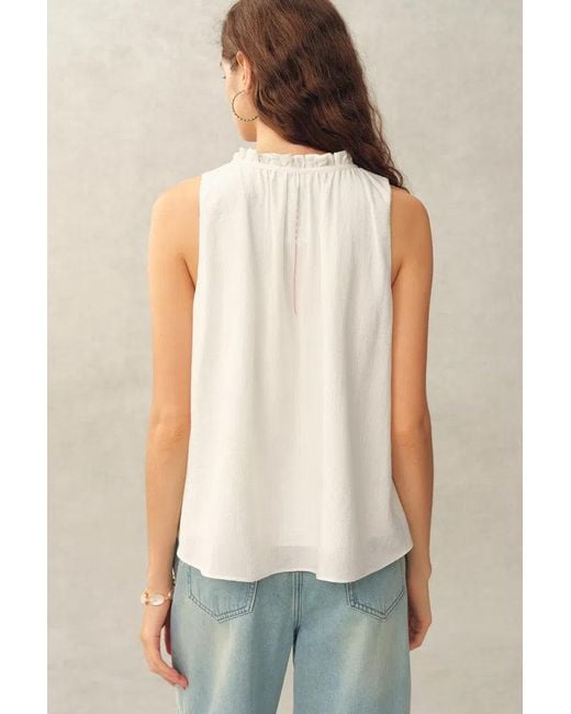 Fabrique Blue Rosalind Ruffle Neck Tie Front Sleeveless Top