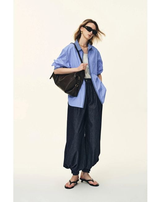 Fabrique Blue Blair Contrast Collar Striped Denim Patchwork Shirt