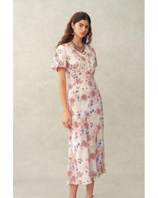 Fabrique Natural Coco Handpainted Floral Puff Sleeve Cinched Dress