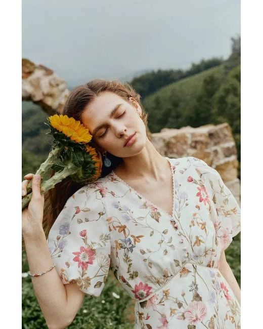Fabrique Green Willa Floral Print V Neck Puff Sleeve Dress