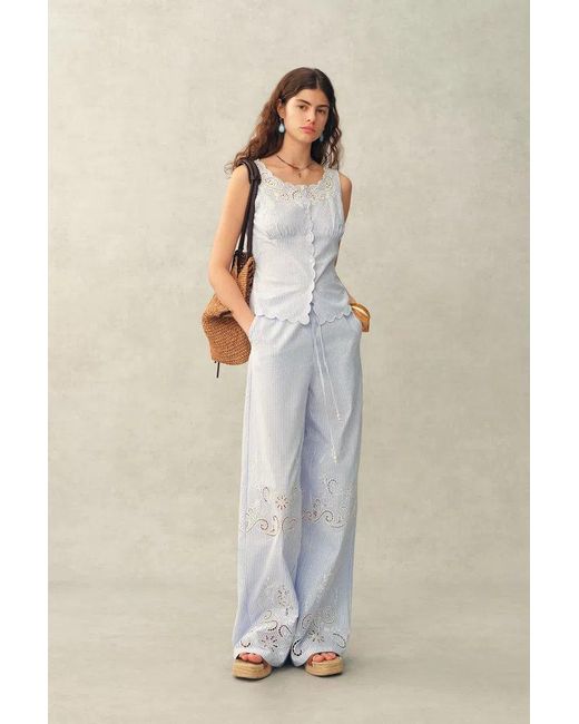 Fabrique Natural Lone Striped Embroidered Sleeveless Lace Trim Cami Top