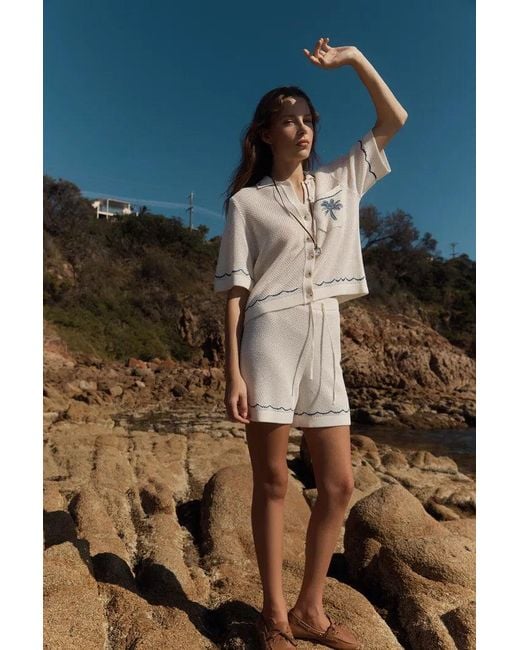 Fabrique Natural Oriel Palm Handworked Embroidery Buttoned Cardigan And Shorts Set