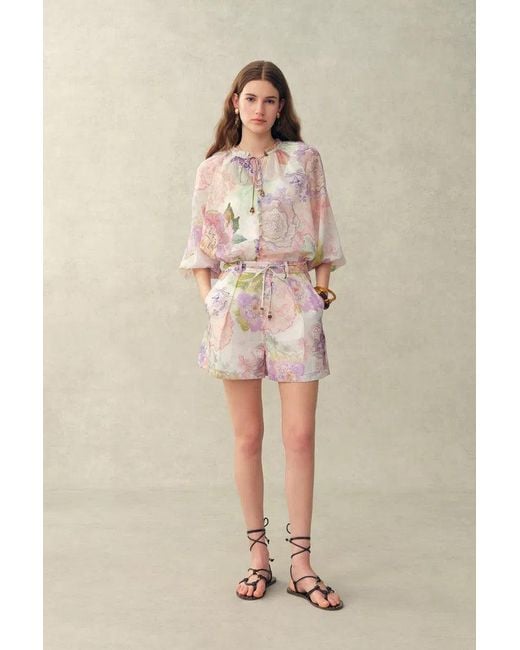 Fabrique Multicolor Yori Handpainted Floral Print Sheer Beaded Puff Sleeve Blouse