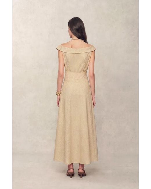 Fabrique Natural Claudia Striped Off Shoulder Collared Belted Sleeveless Shirt Dress