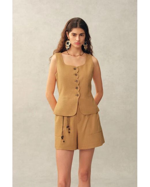 Fabrique Natural Suzane Handwork Stitched Scalloped Trim Sleeveless Top And Shorts Set
