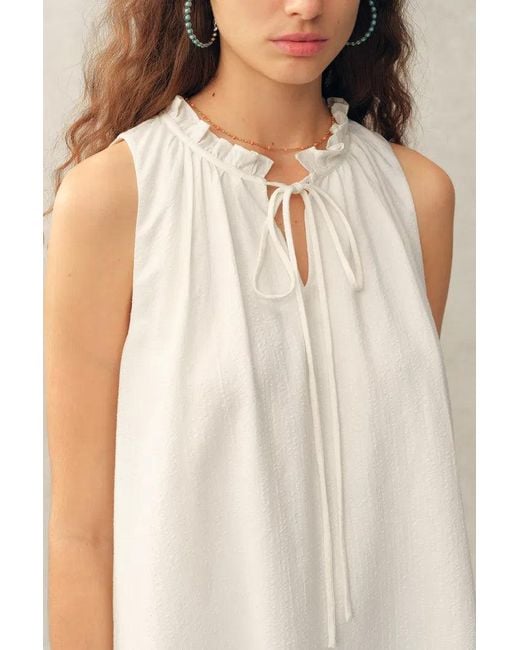 Fabrique Blue Rosalind Ruffle Neck Tie Front Sleeveless Top