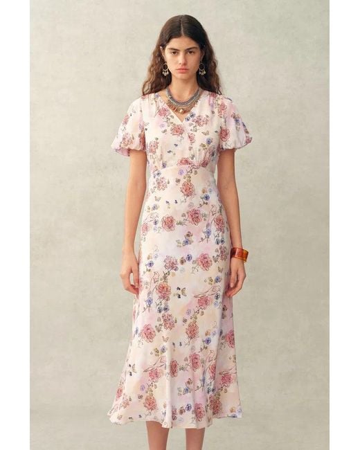 Fabrique Natural Coco Handpainted Floral Puff Sleeve Cinched Dress