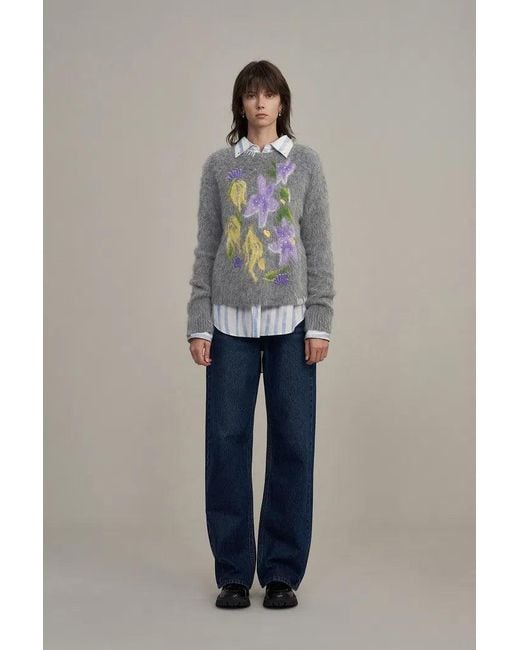 Fabrique Gray Titian Hand Embroidered Flora Sweater