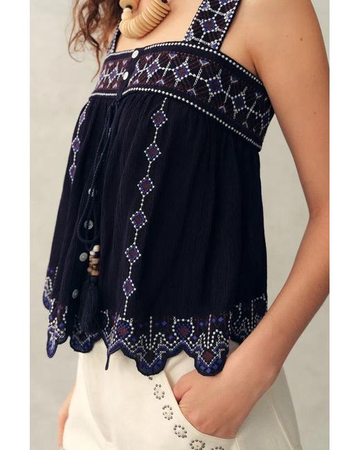Fabrique Blue Blaze Boho Embroidery Fringe Tie Front Sleeveless Top