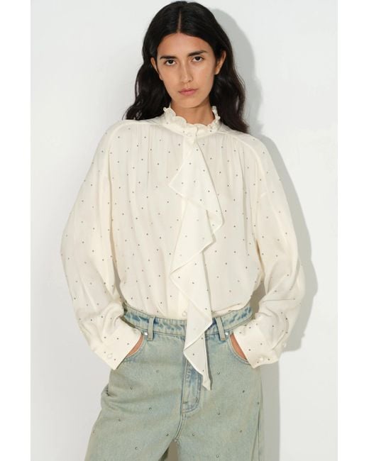 Fabrique White Hypatia Metallic Dot Ruffle Blouse