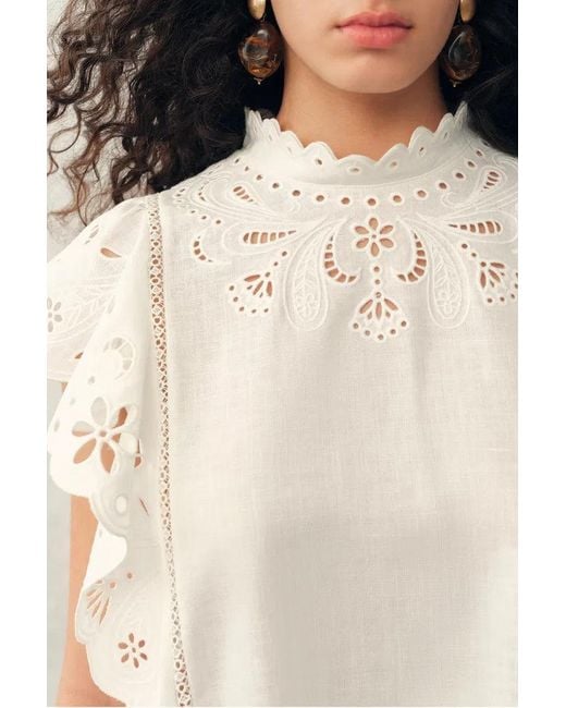 Fabrique Natural Lilou French Cutwork Embroidery Ruffle-Sleeve Top And Pants Matching Set